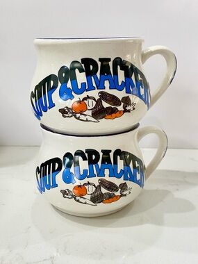 Set of 2 Vintage 1980s PMC Ceramic "Soup & Crackers" Mugs / Bowla